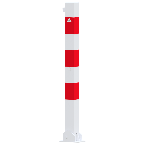 Barrier posts | Steel tube 70 x 70 mm | foldable, for padlock | to be fixed by plugswith base plate 100 x 150 mm | hot-dip galvanized and white coatedwith three red reflecting stripes | without eyelet